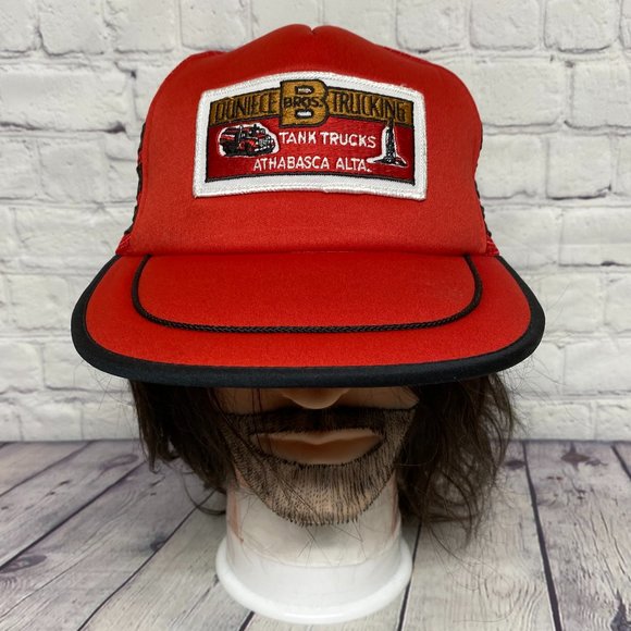 Vintage Trucker hat Mesh Cap Snapback Red Black Stripes DUNIECE Bros. Trucking - Picture 1 of 10